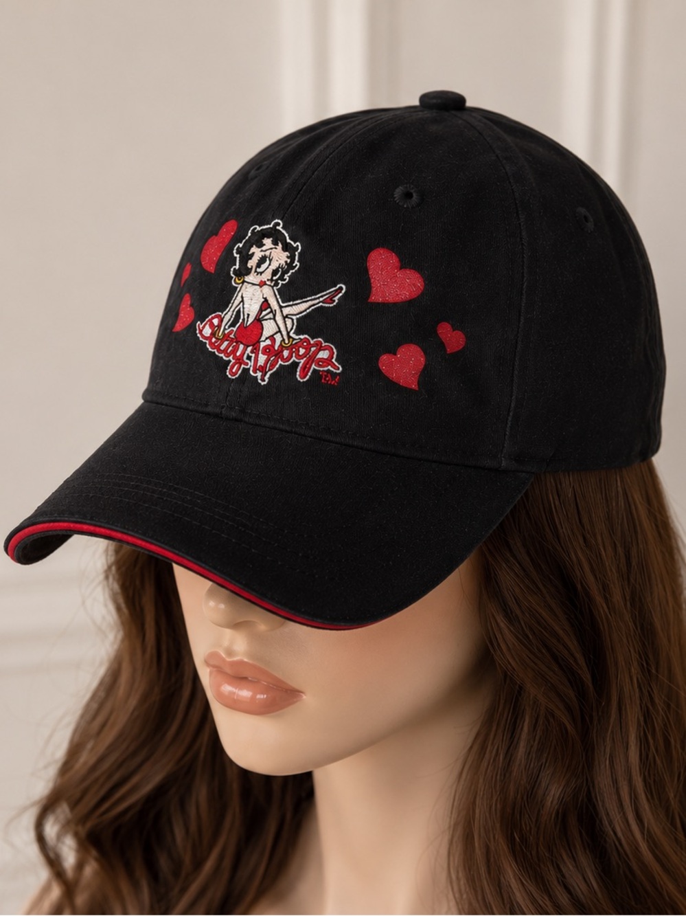 Betty Boop Black Heart Embroidered Adjustable Baseball Cap Hat
